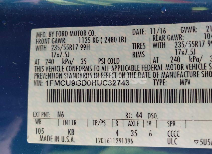 Photo 9 of 2017 Ford Escape SE (VIN 1FMCU9GD0HUC32743)