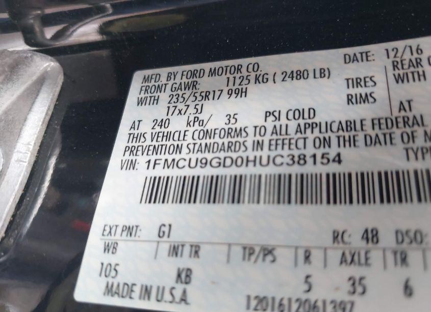 Photo 9 of 2017 Ford Escape SE (VIN 1FMCU9GD0HUC38154)