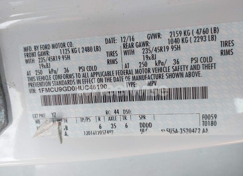 Photo 9 of 2017 Ford Escape SE (VIN 1FMCU9GD0HUC46190)