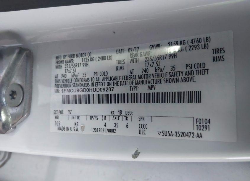 Photo 9 of 2017 Ford Escape SE (VIN 1FMCU9GD0HUD09207)