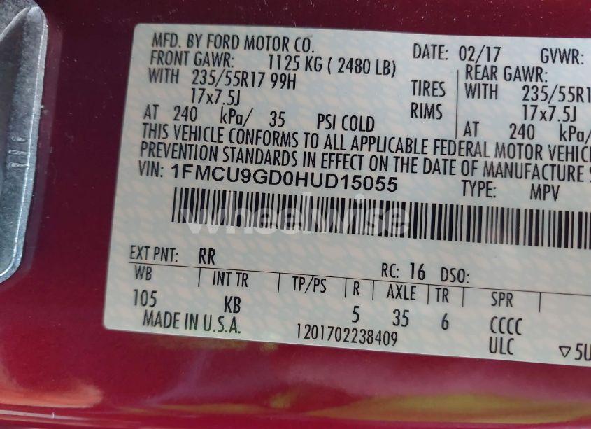 Photo 9 of 2017 Ford Escape SE (VIN 1FMCU9GD0HUD15055)