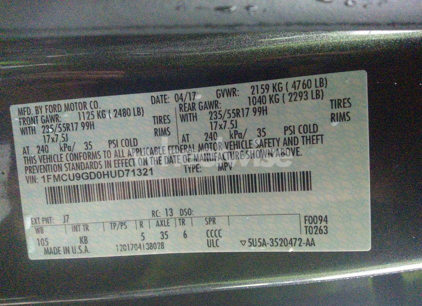 Photo 9 of 2017 Ford Escape SE (VIN 1FMCU9GD0HUD71321)