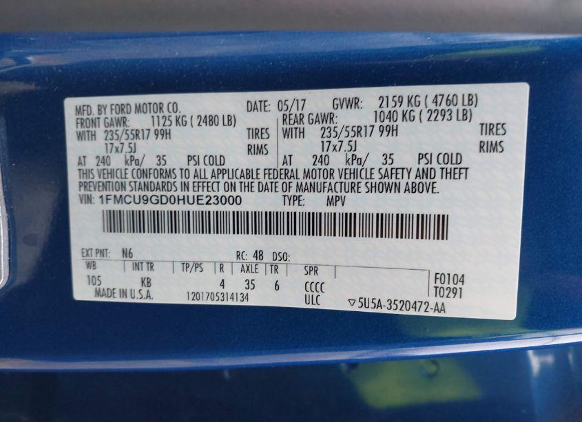 Photo 9 of 2017 Ford Escape SE (VIN 1FMCU9GD0HUE23000)