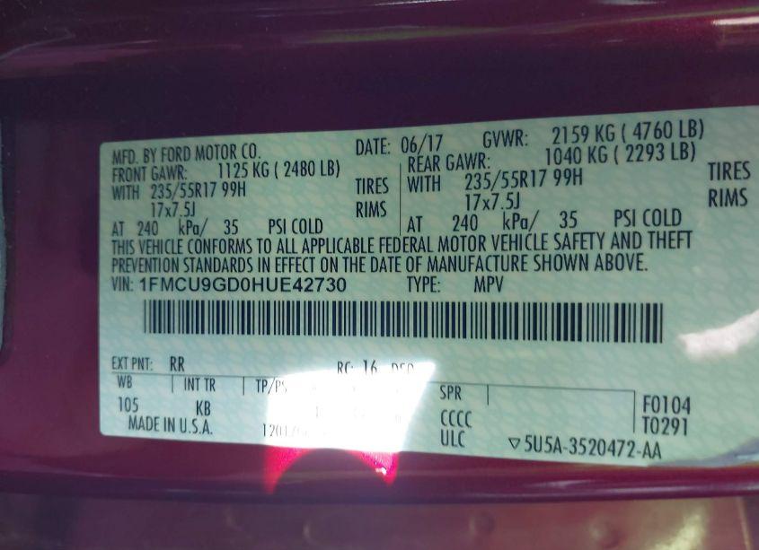 Photo 9 of 2017 Ford Escape SE (VIN 1FMCU9GD0HUE42730)