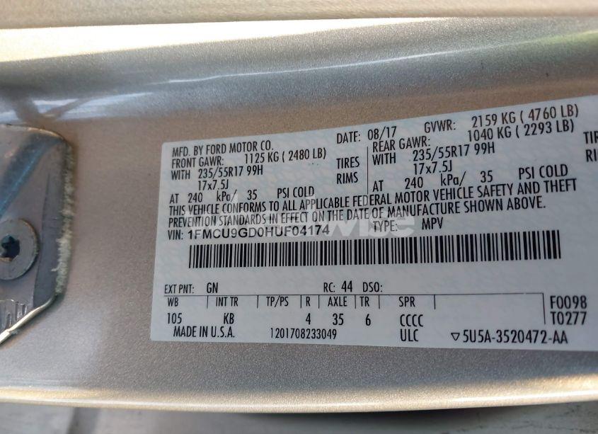 Photo 9 of 2017 Ford Escape SE (VIN 1FMCU9GD0HUF04174)