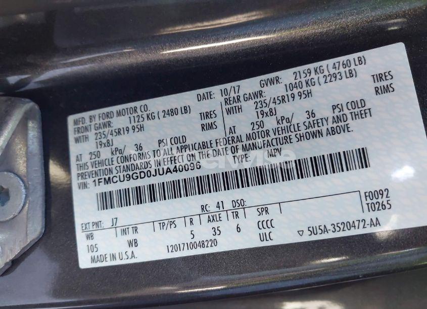 Photo 9 of 2018 Ford Escape SE (VIN 1FMCU9GD0JUA40096)