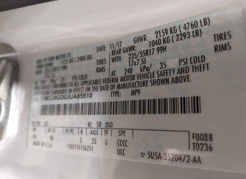 Photo 9 of 2018 Ford Escape SE (VIN 1FMCU9GD0JUA85510)