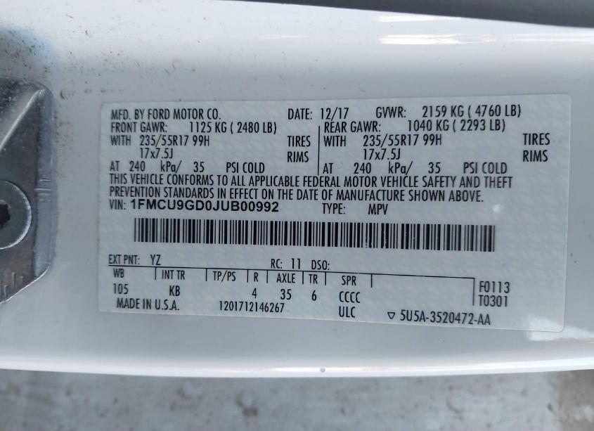 Photo 9 of 2018 Ford Escape SE (VIN 1FMCU9GD0JUB00992)