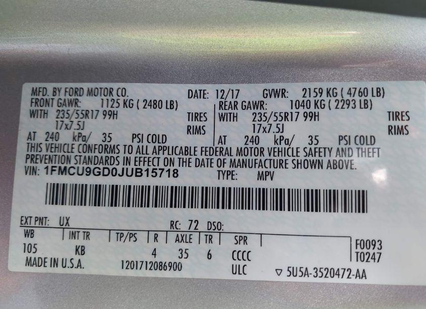 Photo 9 of 2018 Ford Escape SE (VIN 1FMCU9GD0JUB15718)