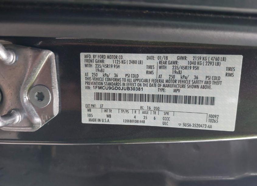 Photo 9 of 2018 Ford Escape SE (VIN 1FMCU9GD0JUB30381)