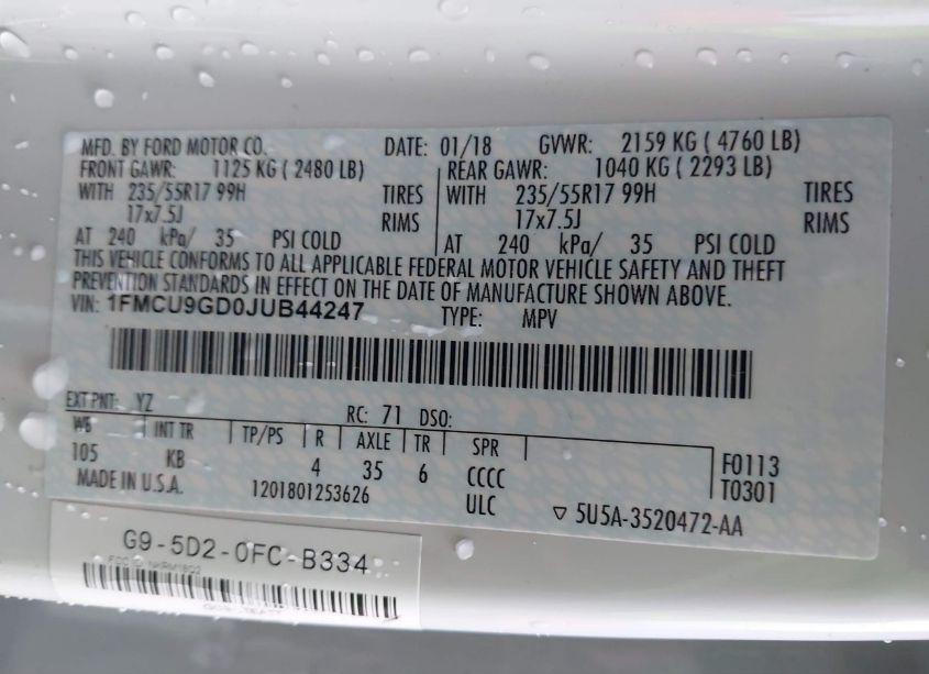 Photo 9 of 2018 Ford Escape SE (VIN 1FMCU9GD0JUB44247)