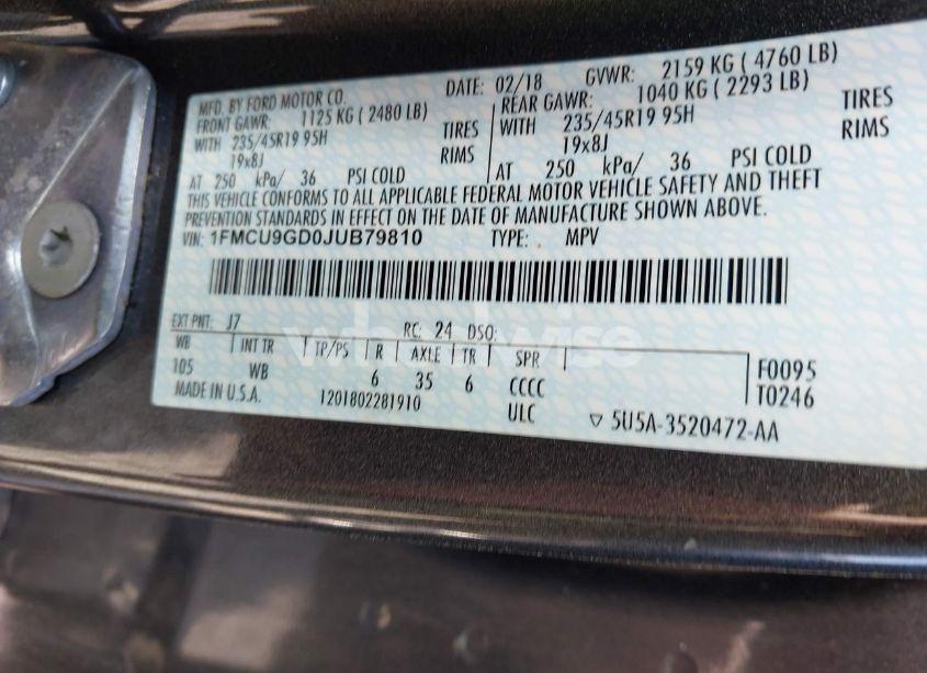 Photo 9 of 2018 Ford Escape SE (VIN 1FMCU9GD0JUB79810)