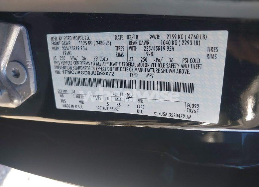 Photo 9 of 2018 Ford Escape SE (VIN 1FMCU9GD0JUB92072)