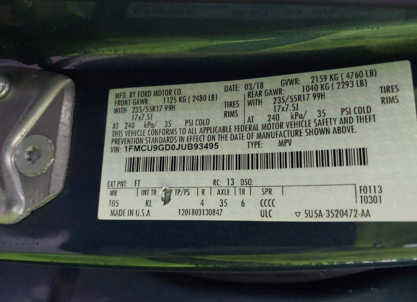 Photo 9 of 2018 Ford Escape SE (VIN 1FMCU9GD0JUB93495)