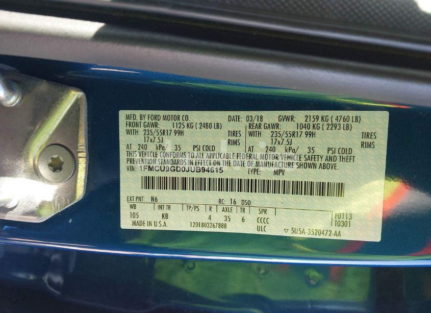 Photo 9 of 2018 Ford Escape SE (VIN 1FMCU9GD0JUB94615)