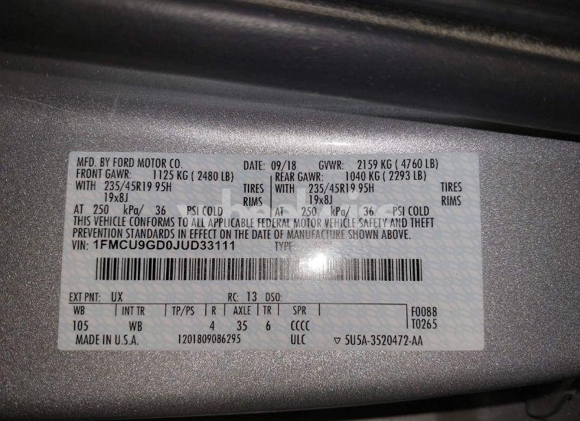 Photo 9 of 2018 Ford Escape SE (VIN 1FMCU9GD0JUD33111)