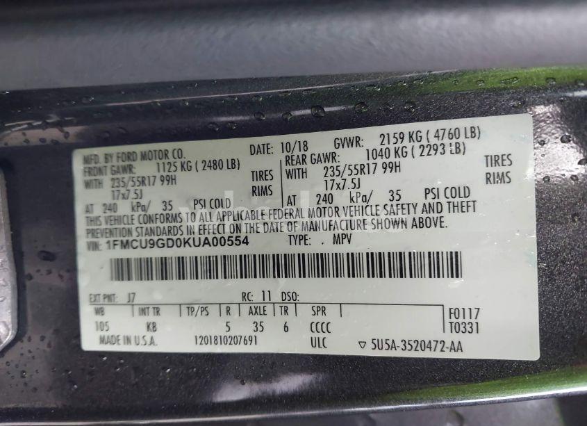 Photo 9 of 2019 Ford Escape SE (VIN 1FMCU9GD0KUA00554)