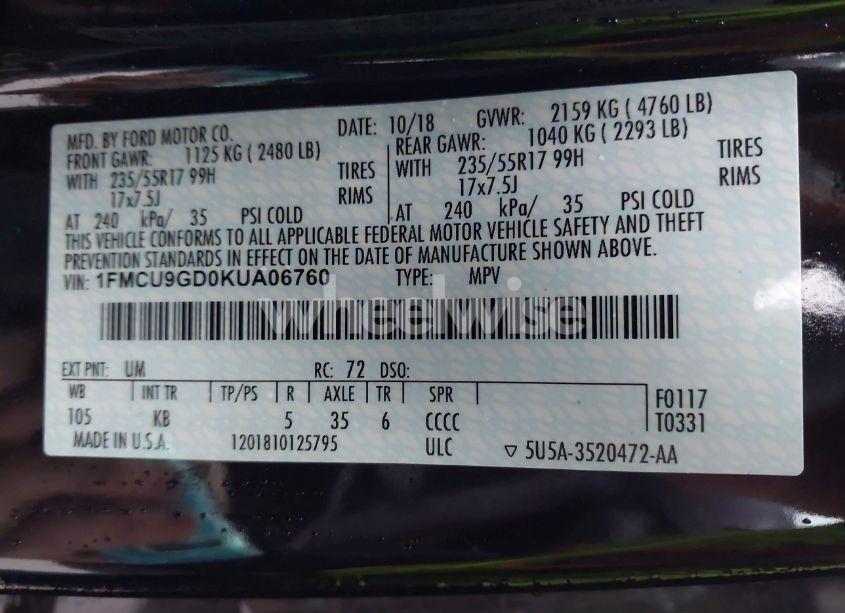 Photo 9 of 2019 Ford Escape SE (VIN 1FMCU9GD0KUA06760)