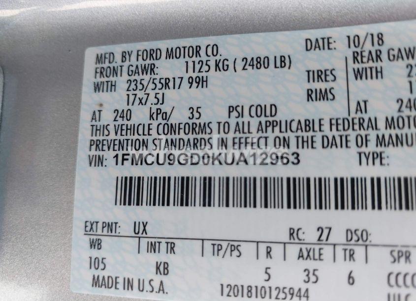 Photo 9 of 2019 Ford Escape SE (VIN 1FMCU9GD0KUA12963)