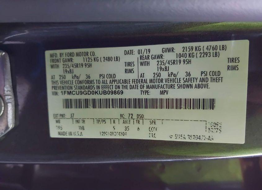 Photo 9 of 2019 Ford Escape SE (VIN 1FMCU9GD0KUB09869)