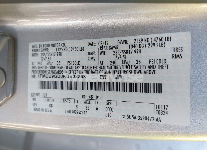 Photo 9 of 2019 Ford Escape SE (VIN 1FMCU9GD0KUB33363)