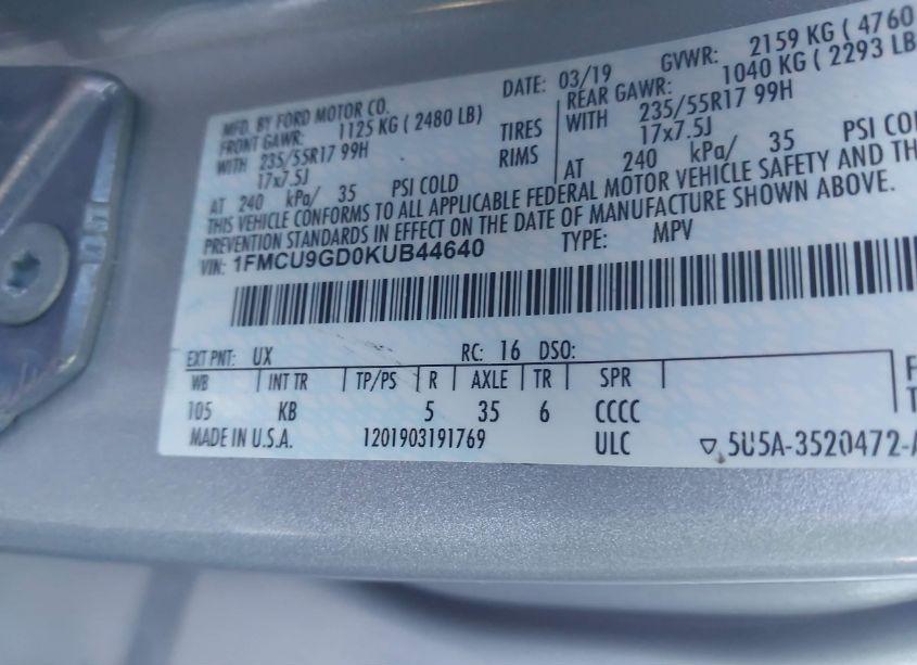 Photo 9 of 2019 Ford Escape SE (VIN 1FMCU9GD0KUB44640)