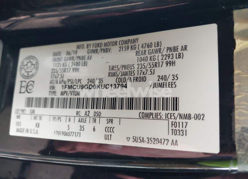 Photo 9 of 2019 Ford Escape SE (VIN 1FMCU9GD0KUC13794)