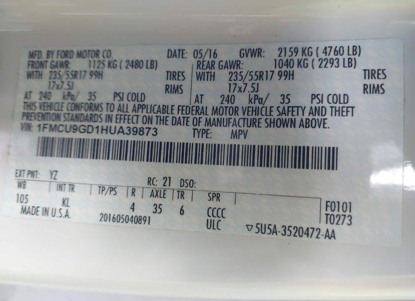 Photo 9 of 2017 Ford Escape SE (VIN 1FMCU9GD1HUA39873)