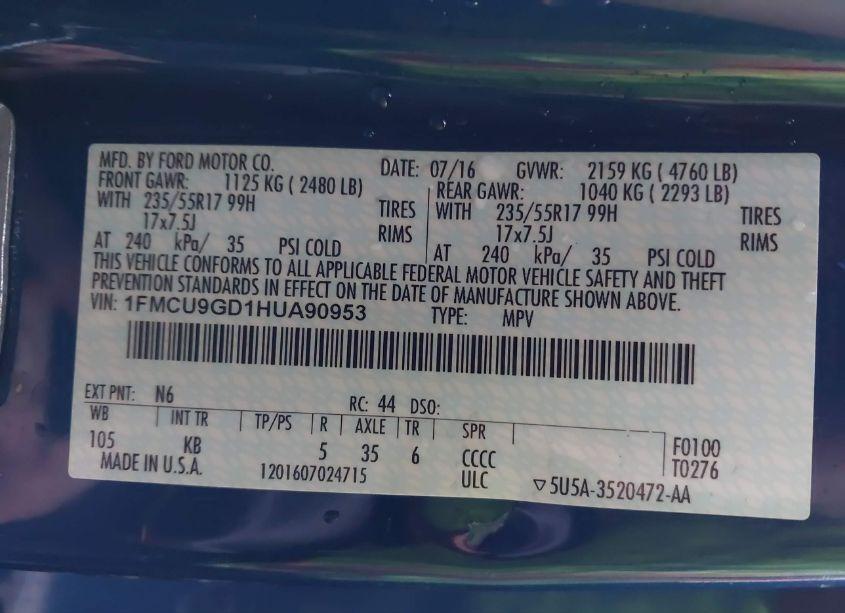 Photo 9 of 2017 Ford Escape SE (VIN 1FMCU9GD1HUA90953)