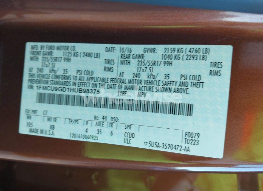 Photo 9 of 2017 Ford Escape SE (VIN 1FMCU9GD1HUB98375)