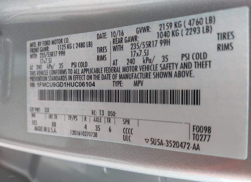 Photo 9 of 2017 Ford Escape SE (VIN 1FMCU9GD1HUC06104)