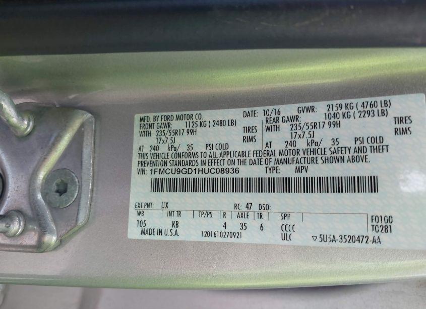 Photo 9 of 2017 Ford Escape SE (VIN 1FMCU9GD1HUC08936)