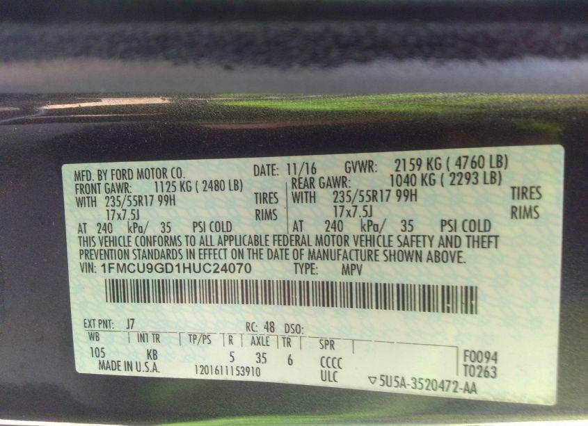 Photo 9 of 2017 Ford Escape SE (VIN 1FMCU9GD1HUC24070)