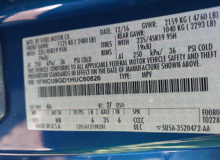 Photo 9 of 2017 Ford Escape SE (VIN 1FMCU9GD1HUC60826)