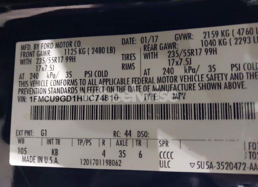 Photo 9 of 2017 Ford Escape SE (VIN 1FMCU9GD1HUC74810)