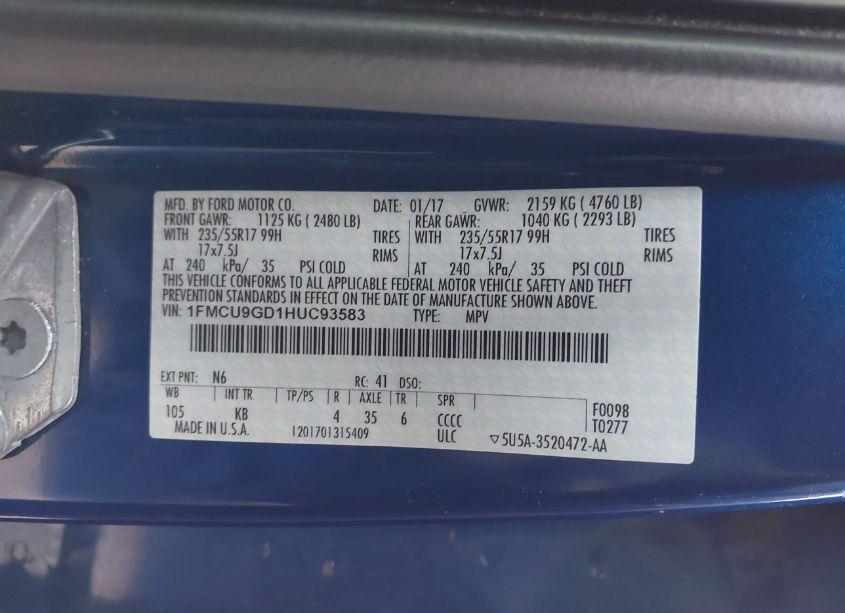 Photo 9 of 2017 Ford Escape SE (VIN 1FMCU9GD1HUC93583)