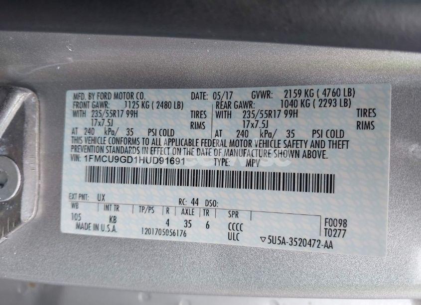 Photo 9 of 2017 Ford Escape SE (VIN 1FMCU9GD1HUD91691)