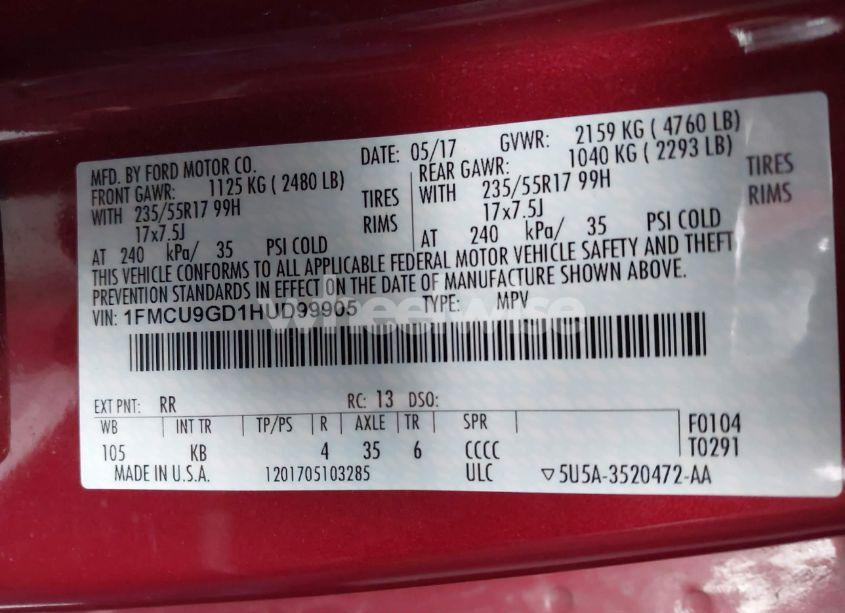 Photo 9 of 2017 Ford Escape SE (VIN 1FMCU9GD1HUD99905)