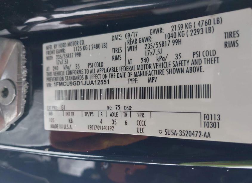 Photo 9 of 2018 Ford Escape SE (VIN 1FMCU9GD1JUA12551)