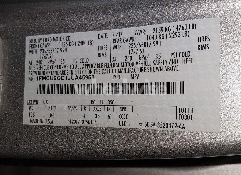 Photo 9 of 2018 Ford Escape SE (VIN 1FMCU9GD1JUA45968)