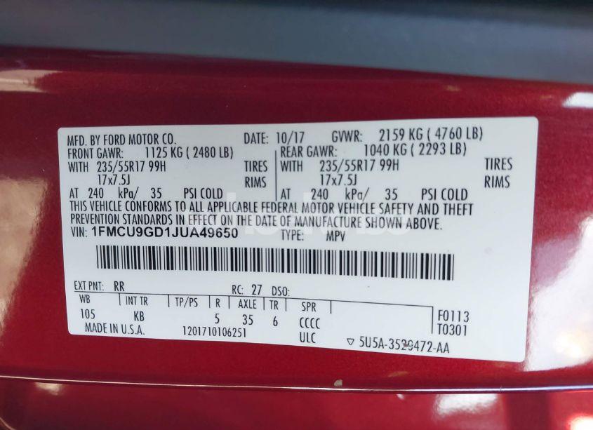 Photo 9 of 2018 Ford Escape SE (VIN 1FMCU9GD1JUA49650)