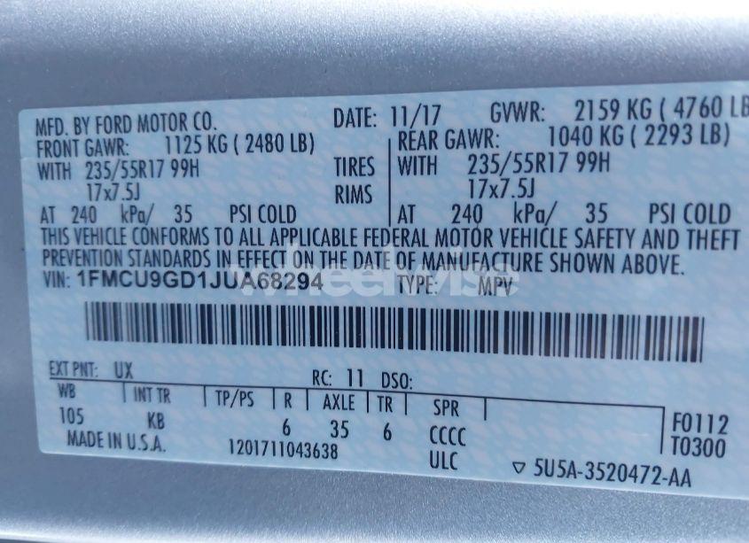 Photo 9 of 2018 Ford Escape SE (VIN 1FMCU9GD1JUA68294)