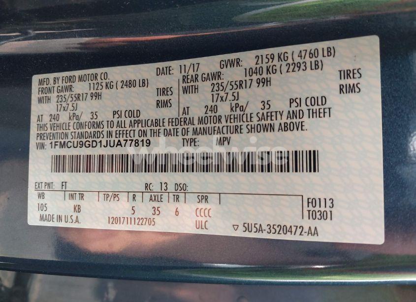 Photo 9 of 2018 Ford Escape SE (VIN 1FMCU9GD1JUA77819)