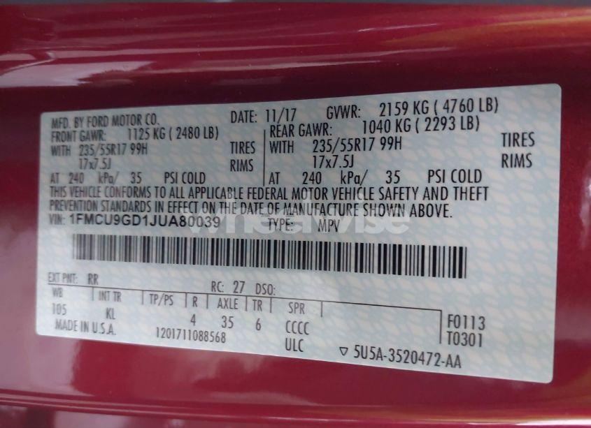 Photo 9 of 2018 Ford Escape SE (VIN 1FMCU9GD1JUA80039)