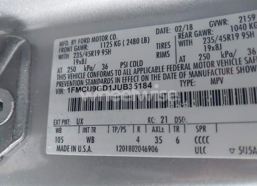 Photo 9 of 2018 Ford Escape SE (VIN 1FMCU9GD1JUB35184)