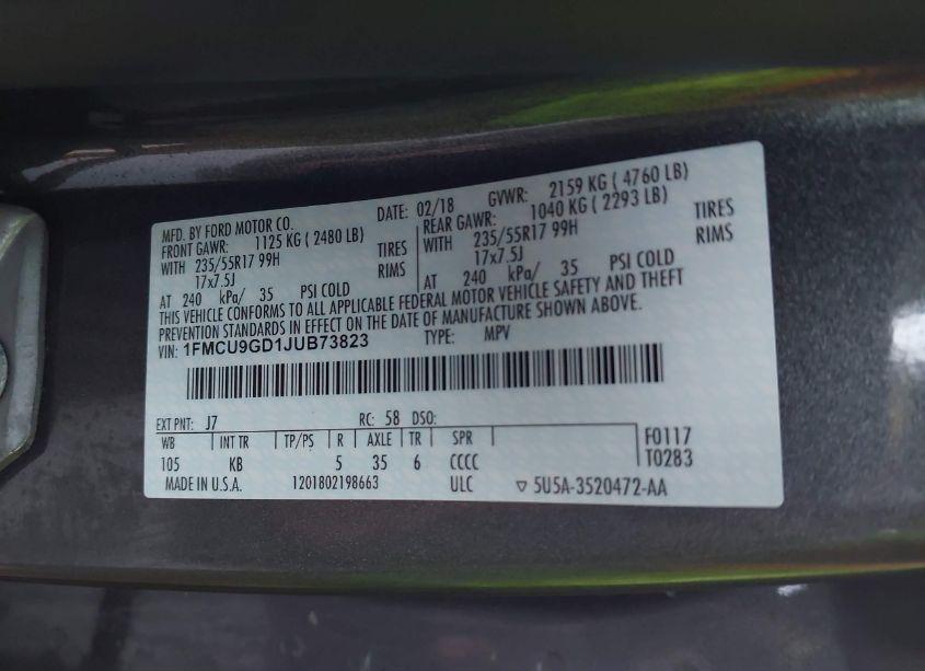 Photo 9 of 2018 Ford Escape SE (VIN 1FMCU9GD1JUB73823)