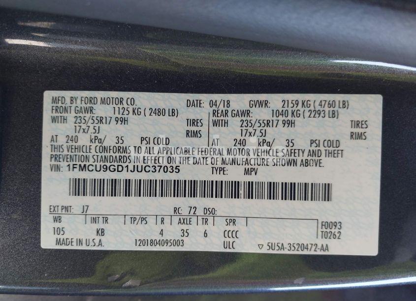 Photo 9 of 2018 Ford Escape SE (VIN 1FMCU9GD1JUC37035)