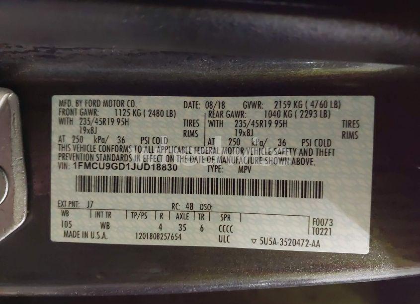 Photo 9 of 2018 Ford Escape SE (VIN 1FMCU9GD1JUD18830)