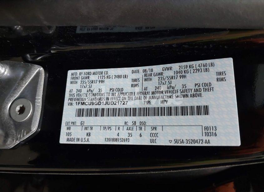 Photo 9 of 2018 Ford Escape SE (VIN 1FMCU9GD1JUD21727)