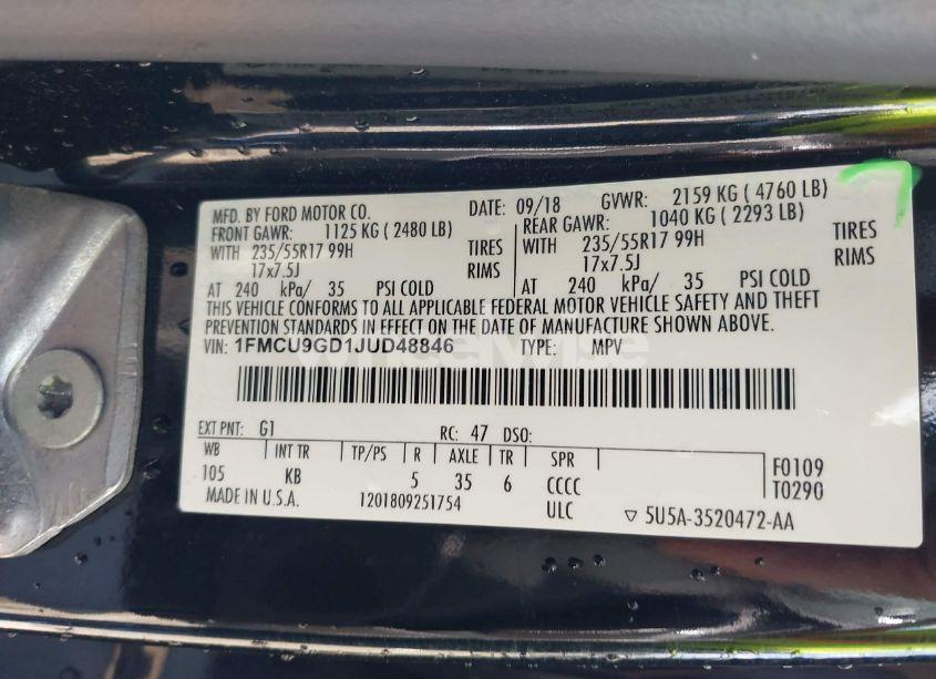 Photo 9 of 2018 Ford Escape SE (VIN 1FMCU9GD1JUD48846)